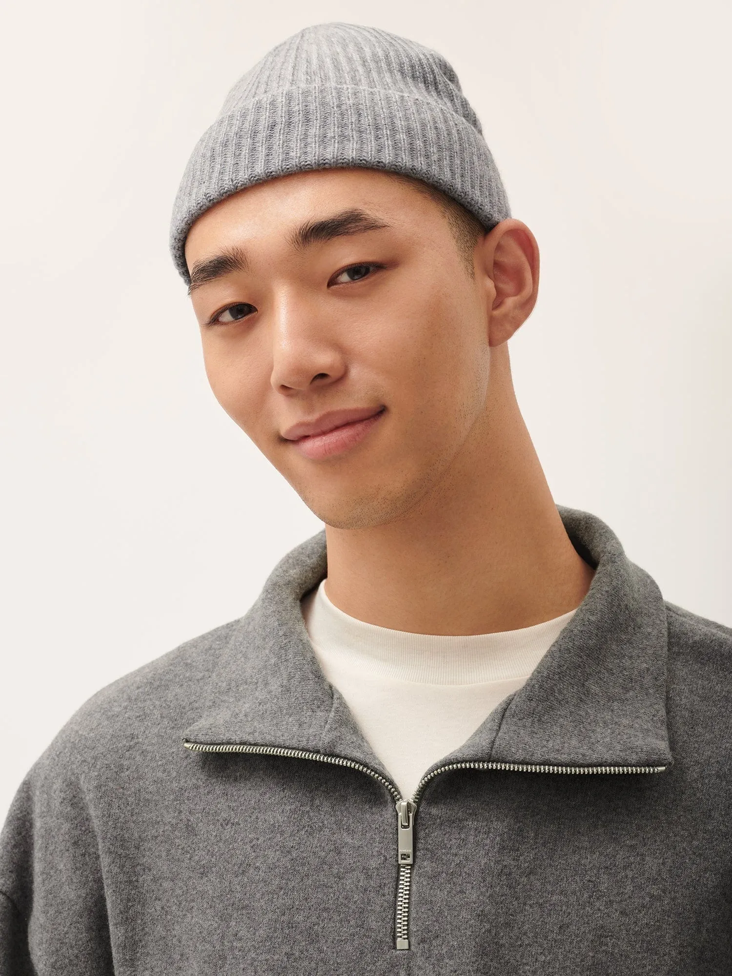 Cashmere Ribbed Beanie—grey marl