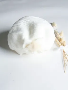 Granlei Ivory knitted beret with faux fur pom