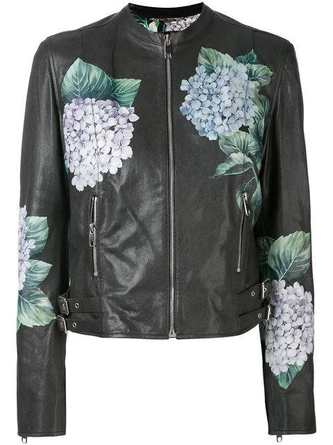 Hydrangea Print Leather Biker Jacket