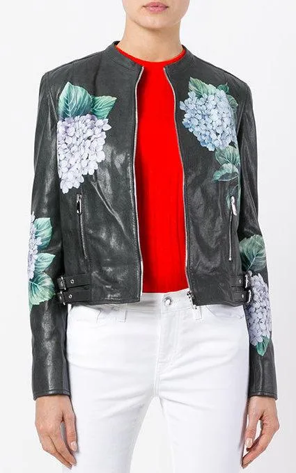 Hydrangea Print Leather Biker Jacket