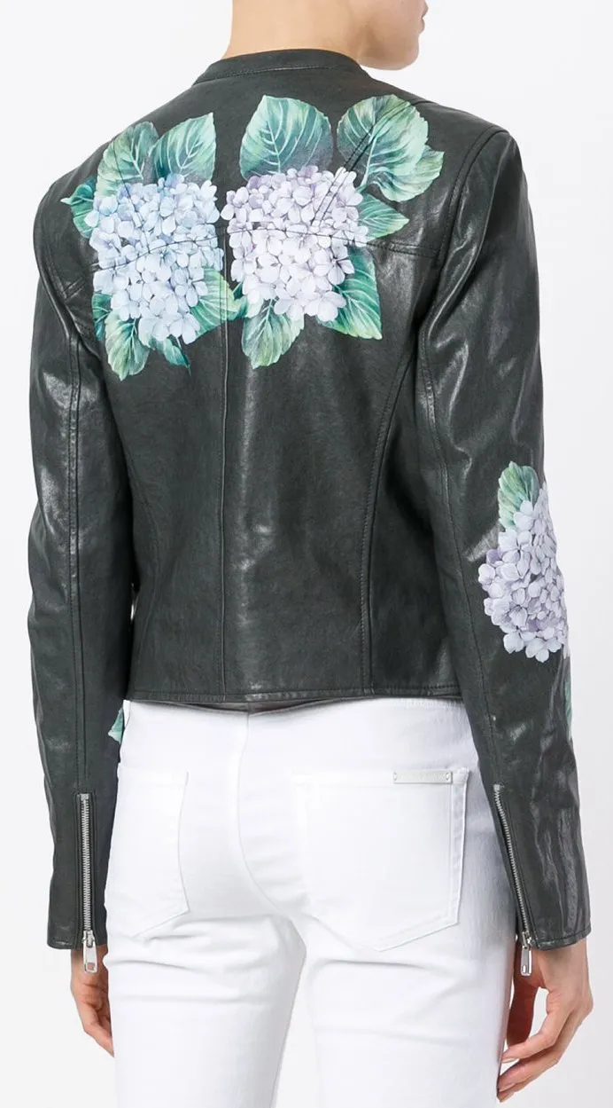 Hydrangea Print Leather Biker Jacket