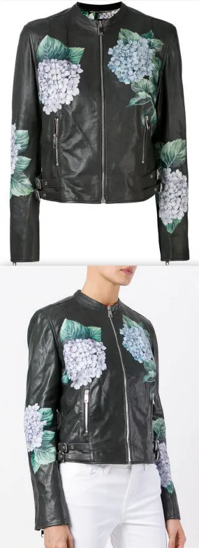 Hydrangea Print Leather Biker Jacket