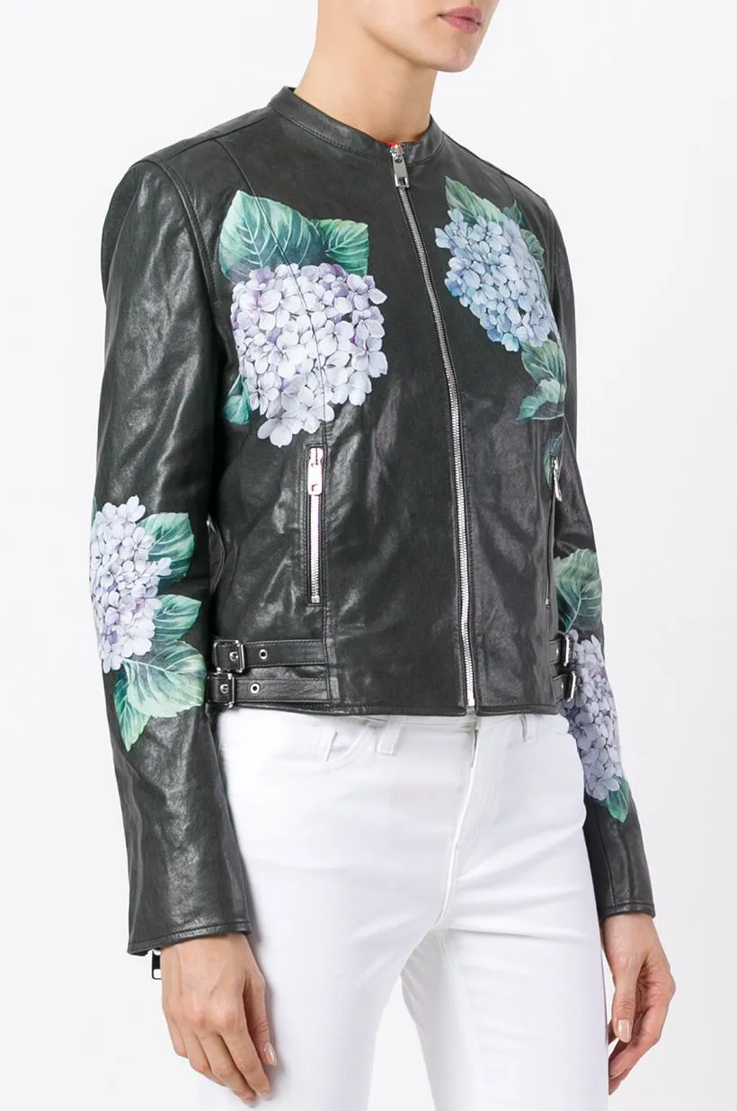 Hydrangea Print Leather Biker Jacket