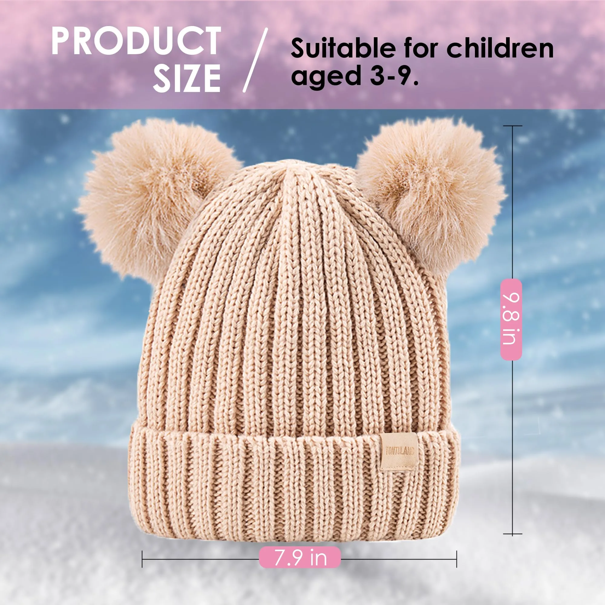 Kids Winter Beanie Hat Warm Ski Caps with Pompom Fleece Lined Children's Knit Hat for Boys Girls White