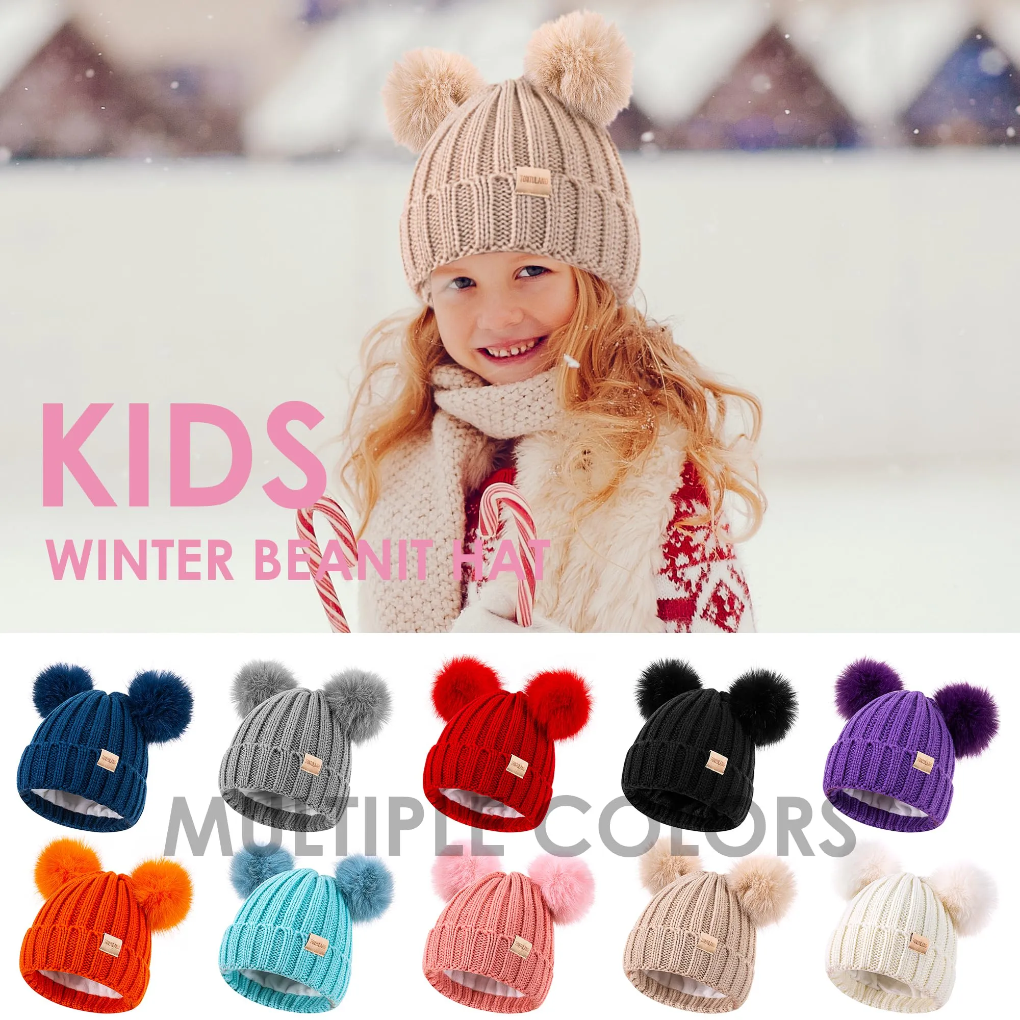 Kids Winter Beanie Hat Warm Ski Caps with Pompom Fleece Lined Children's Knit Hat for Boys Girls White