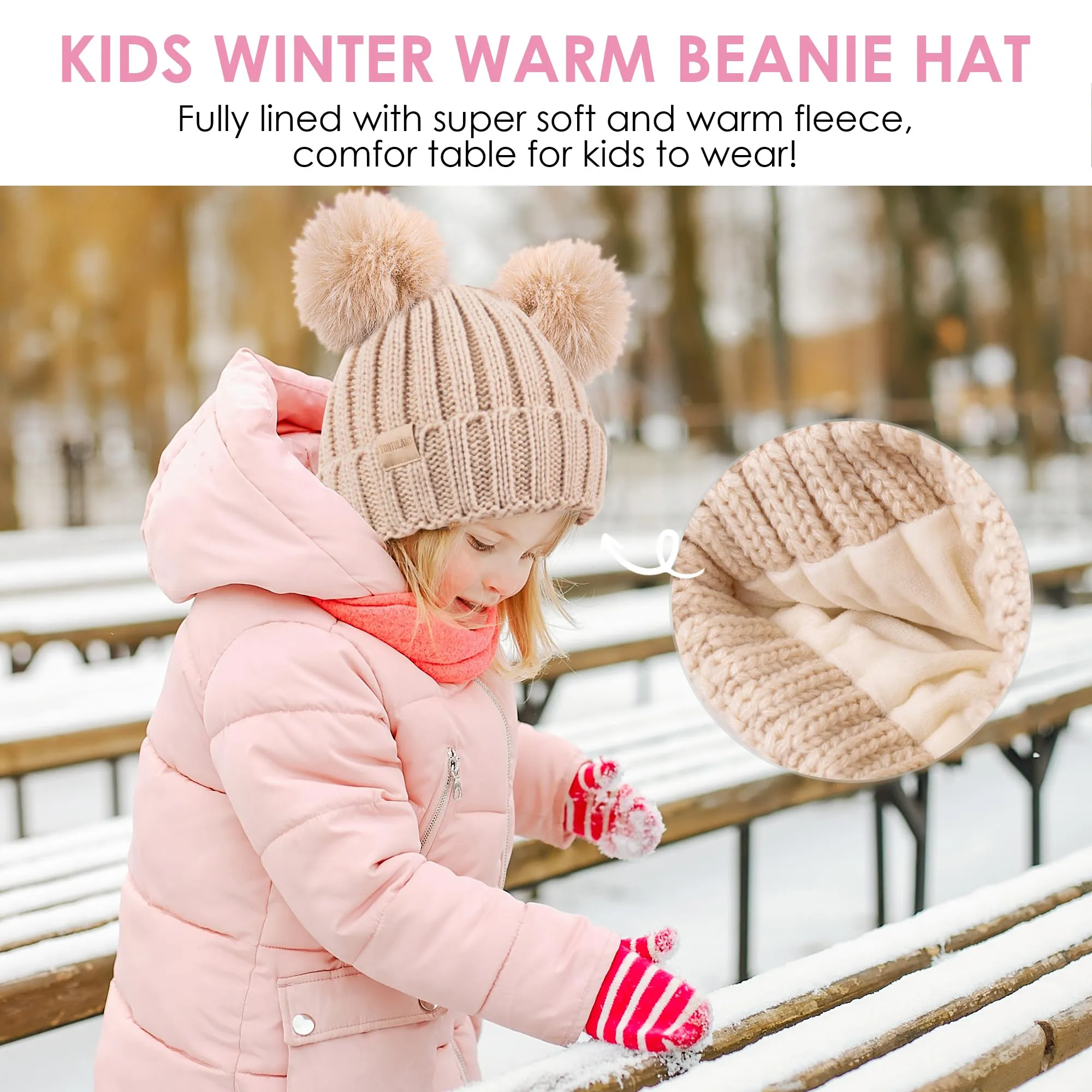 Kids Winter Beanie Hat Warm Ski Caps with Pompom Fleece Lined Children's Knit Hat for Boys Girls White