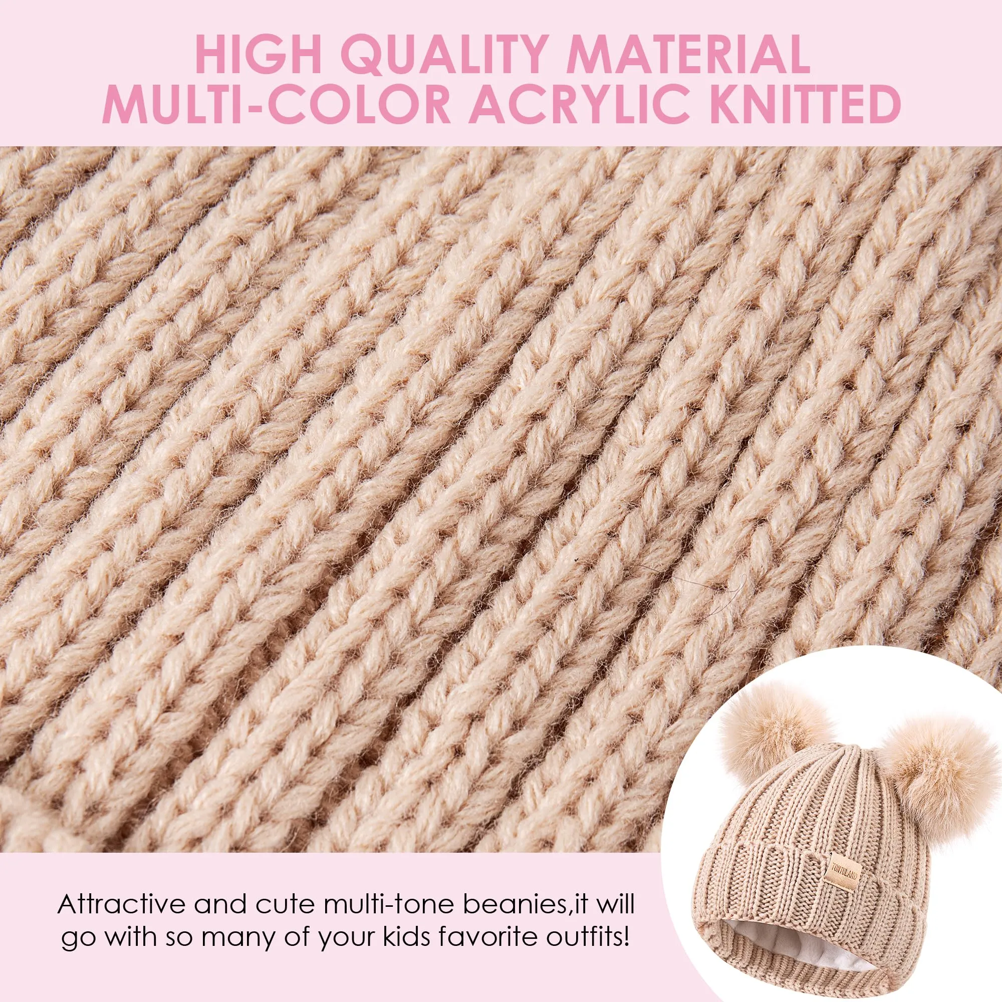 Kids Winter Beanie Hat Warm Ski Caps with Pompom Fleece Lined Children's Knit Hat for Boys Girls White