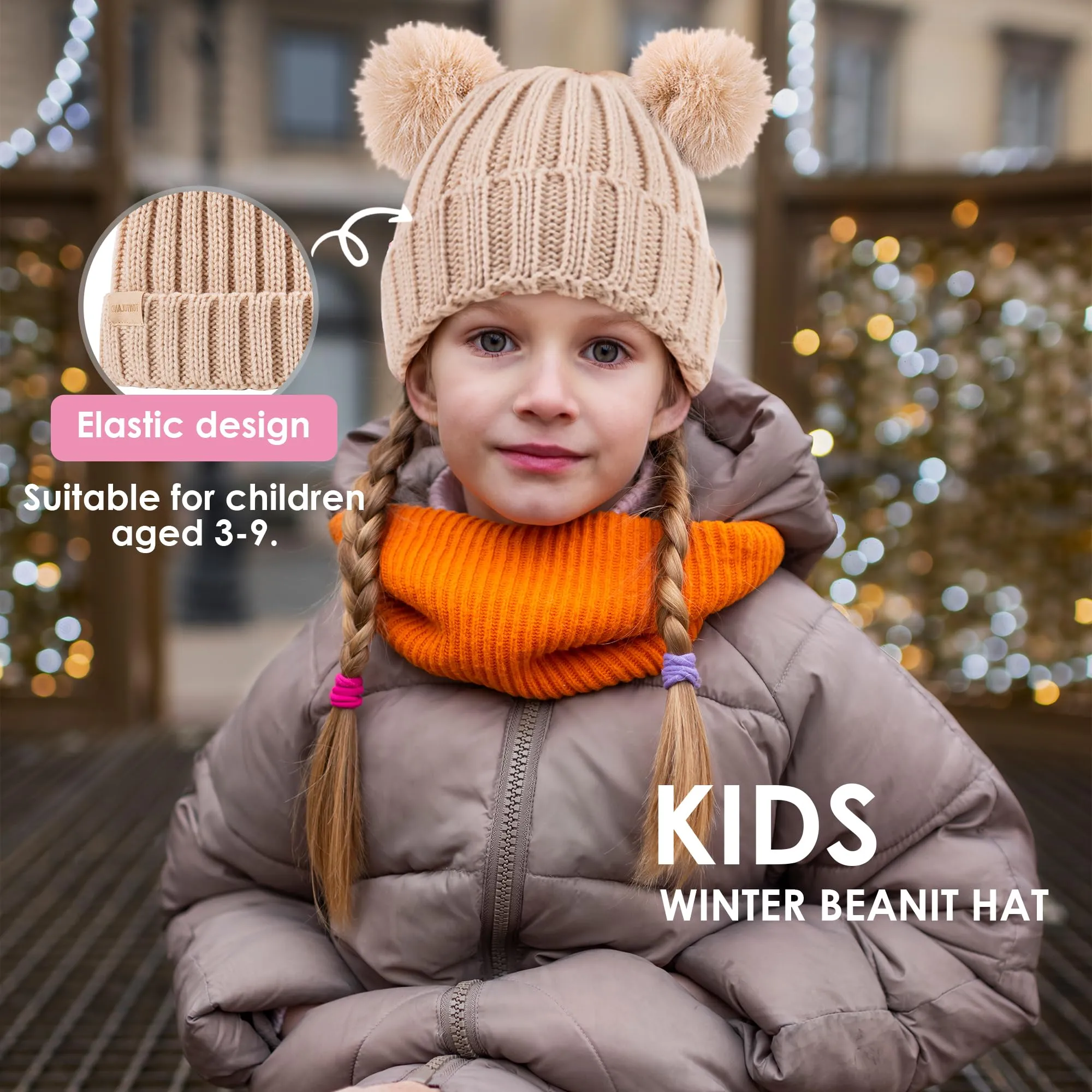 Kids Winter Beanie Hat Warm Ski Caps with Pompom Fleece Lined Children's Knit Hat for Boys Girls White